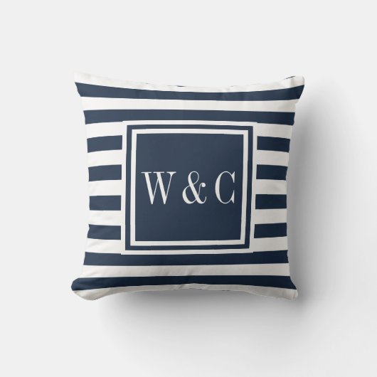 Gepersonaliseerde Initialen Monogram Navy Blue Whi Kussen (Voorkant)
