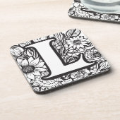 Gepersonaliseerde Inkt Bloem Monogram Zwart-Wit Bier Onderzetter (Linkerzijde)