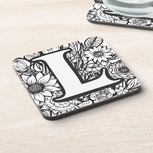 Gepersonaliseerde Inkt Bloem Monogram Zwart-Wit Bier Onderzetter (Linkerzijde)