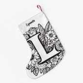 Gepersonaliseerde Inkt Bloem Monogram Zwart-Wit Kleine Kerstsok (Achterkant (Hangend))