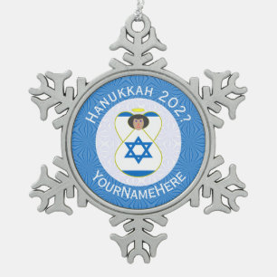 Gepersonaliseerde Israëlische engel Hanukkah-vlag  Tin Sneeuwvlok Ornament