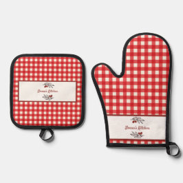 Gepersonaliseerde Italiaanse Red Gingham Koken Ovenwant & Pannenlap Set