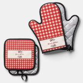 Gepersonaliseerde Italiaanse Red Gingham Koken Ovenwant & Pannenlap Set (Voorkant / Achterkant)