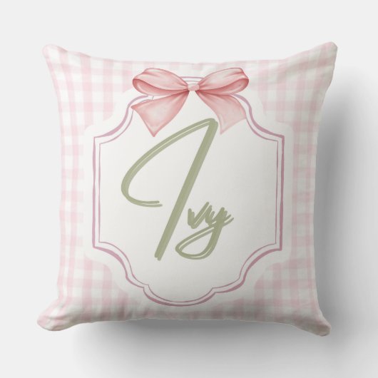 Gepersonaliseerde Ivy Baby Girl Nursery Bow & Ging Kussen (Voorkant)