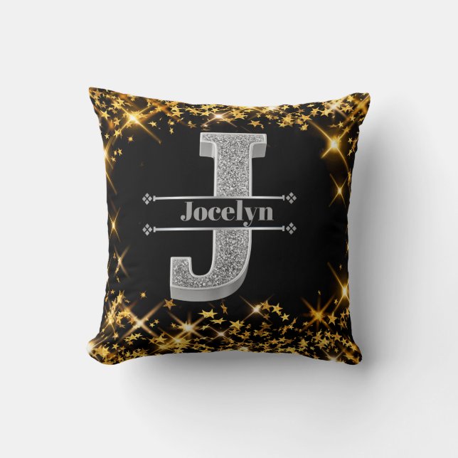 Gepersonaliseerde J Initiaal Silver Monogram Jouw  Kussen (Voorkant)