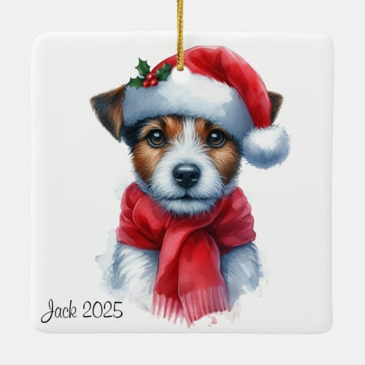Gepersonaliseerde Jack Russell hond met een Santa  Keramisch Ornament (Achterkant)