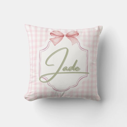Gepersonaliseerde Jade Baby Girl Nursery Bow & Gin Kussen (Voorkant)