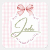 Gepersonaliseerde Jade Baby Girl Nursery Bow & Gin Vierkante Sticker (Voorkant)