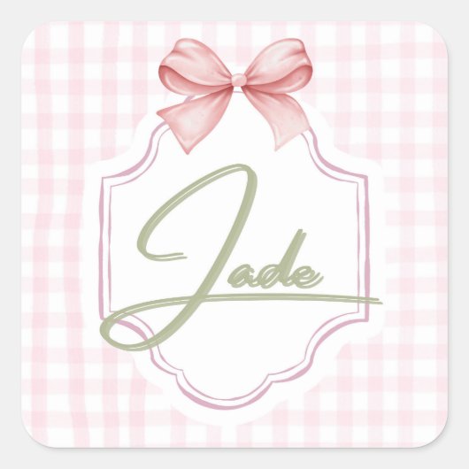 Gepersonaliseerde Jade Baby Girl Nursery Bow & Gin Vierkante Sticker (Voorkant)