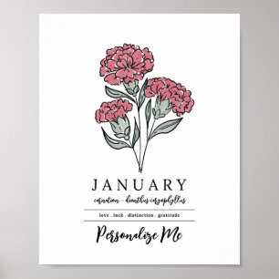 Gepersonaliseerde januari anjer geboorte bloem poster