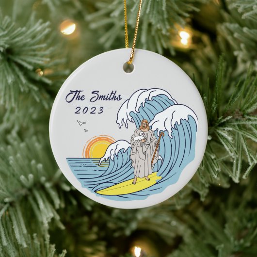 Gepersonaliseerde Jezus Surfen Kerstvakantie Keramisch Ornament (Boom)