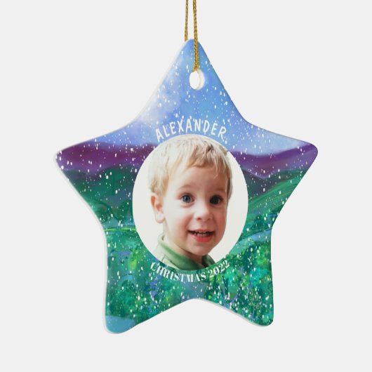 Gepersonaliseerde Jongen Kerstmis Dinosaurus Foto  Keramisch Ornament (Rechts)