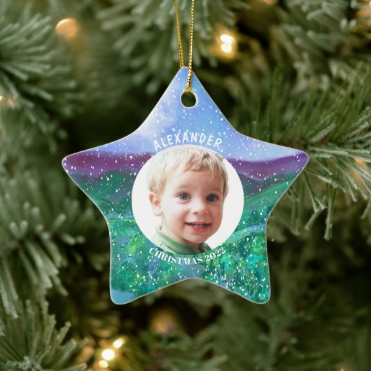 Gepersonaliseerde Jongen Kerstmis Dinosaurus Foto  Keramisch Ornament (Boom)