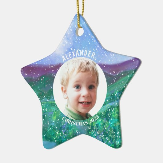 Gepersonaliseerde Jongen Kerstmis Dinosaurus Foto Keramisch Ornament (Links)