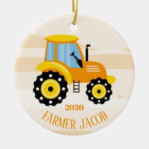Gepersonaliseerde jongens - Gele Tractor - Kerstmi Keramisch Ornament