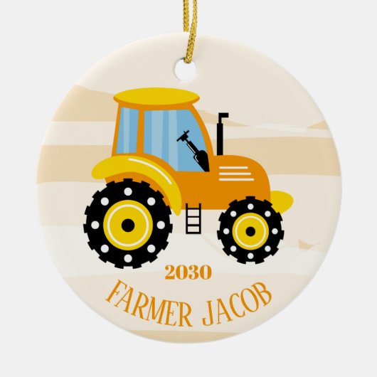 Gepersonaliseerde jongens - Gele Tractor - Kerstmi Keramisch Ornament (Voorkant)