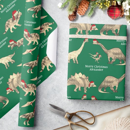 Gepersonaliseerde Jongens Naam Dinosaurus Kerstmis Cadeaupapier