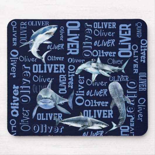 Gepersonaliseerde jongens naam haaien collage muismat (Voorkant)