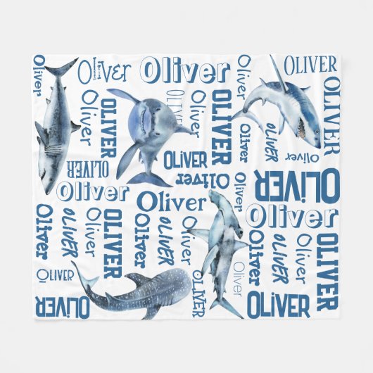 Gepersonaliseerde jongens noemen deken met haaien (Voorkant (Horizontaal))