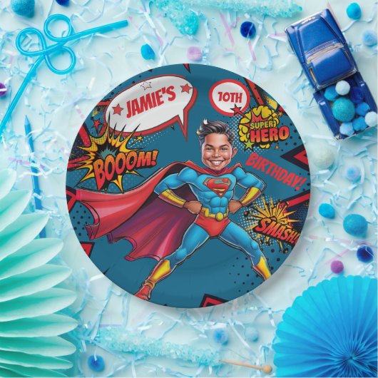 Gepersonaliseerde jongens 'superheld karikatuur papieren bordje (Feest)