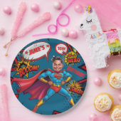 Gepersonaliseerde jongens 'superheld karikatuur papieren bordje (Feest)