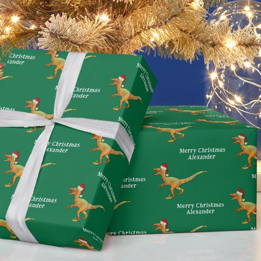Gepersonaliseerde jongensnaam Kerstmis Dinosaur Ra Cadeaupapier
