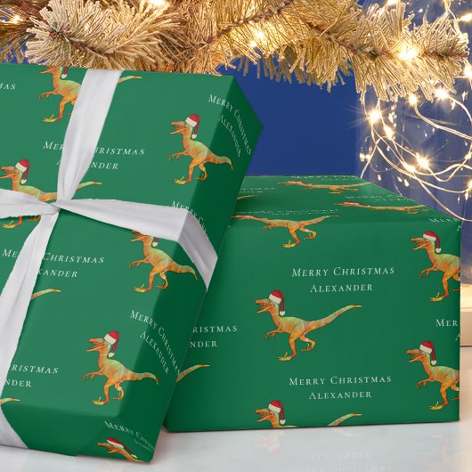 Gepersonaliseerde jongensnaam Kerstmis Dinosaur Ra Cadeaupapier