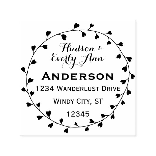 Gepersonaliseerde Jouw naam en Adres Hartkrans Zelfinktende Stempel (Design)