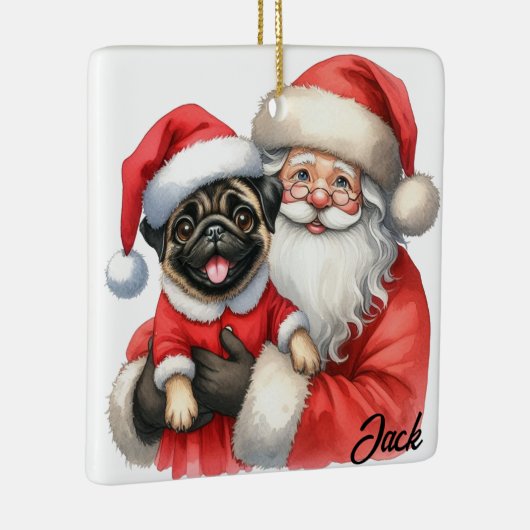 Gepersonaliseerde Joyful Pug Dog met de Kerstman Keramisch Ornament (Rechts)
