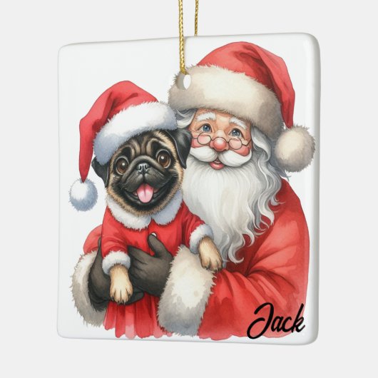 Gepersonaliseerde Joyful Pug Dog met de Kerstman Keramisch Ornament (Links)