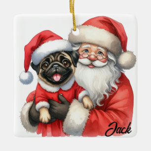 Gepersonaliseerde Joyful Pug Dog met de Kerstman Keramisch Ornament