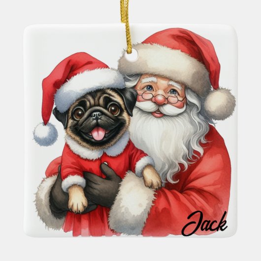 Gepersonaliseerde Joyful Pug Dog met de Kerstman Keramisch Ornament (Voorkant)
