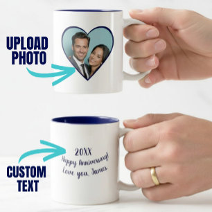 Gepersonaliseerde Jubileum Custom Foto Hart Blauw Tweekleurige Koffiemok