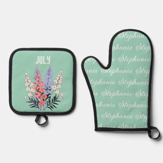 Gepersonaliseerde Juli Geboorte Bloem Aangepaste N Ovenwant & Pannenlap Set (Voorkant)