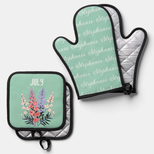 Gepersonaliseerde Juli Geboorte Bloem Aangepaste N Ovenwant & Pannenlap Set (Voorkant / Achterkant)