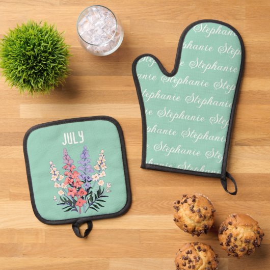 Gepersonaliseerde Juli Geboorte Bloem Aangepaste N Ovenwant & Pannenlap Set (Top down)