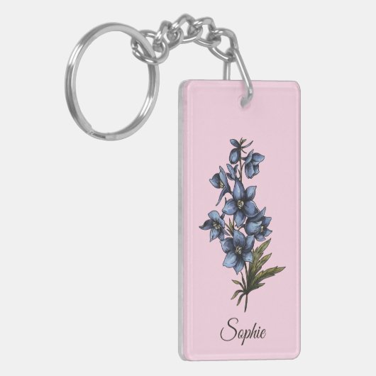 Gepersonaliseerde juli Geboortebloem Larkspur Sleu Sleutelhanger (Voorkant Links)