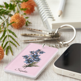 Gepersonaliseerde juli Geboortebloem Larkspur Sleu Sleutelhanger