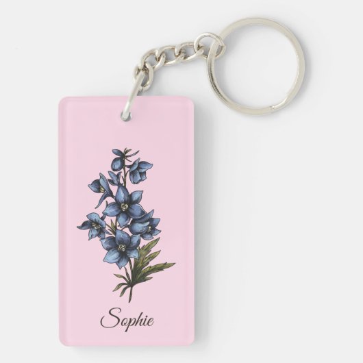 Gepersonaliseerde juli Geboortebloem Larkspur Sleu Sleutelhanger (achterkant)