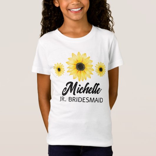 Gepersonaliseerde junior bruidsmeisje zonnebloem t-shirt (Voorkant)