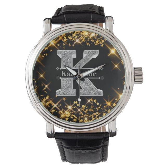 Gepersonaliseerde K Initiaal Silver Monogram Jouw  Horloge (Voorkant)