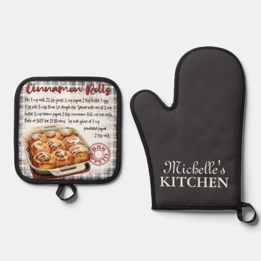 Gepersonaliseerde kaneelbroodjes bakken recept ovenwant & pannenlap set (Voorkant)