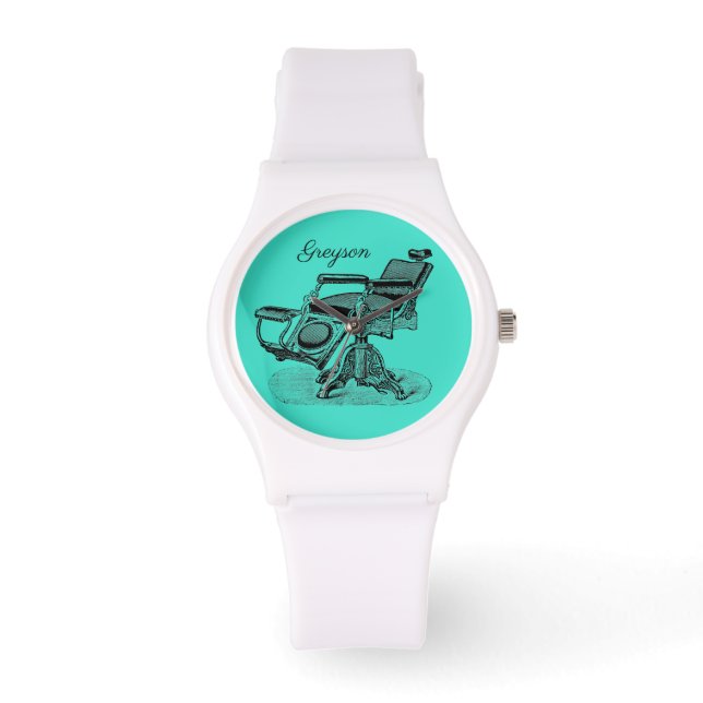 Gepersonaliseerde  kappersstoel blauw horloge (Voorkant)