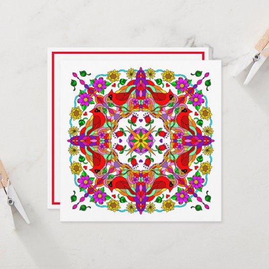 Gepersonaliseerde kardinaal en bloemen Mandala Bir Kaart (Voorkant / Achterkant in situ)