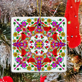 Gepersonaliseerde kardinaal en bloemen Mandala Keramisch Ornament