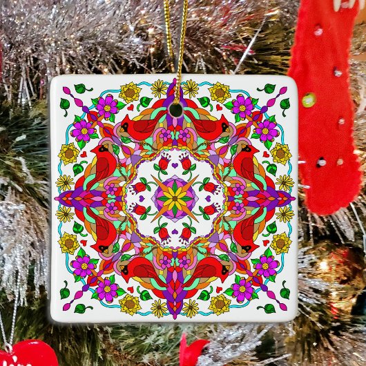 Gepersonaliseerde kardinaal en bloemen Mandala Keramisch Ornament