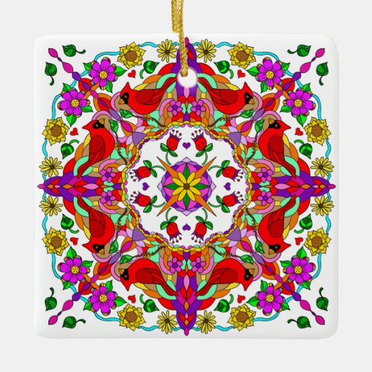 Gepersonaliseerde kardinaal en bloemen Mandala Keramisch Ornament (Voorkant)