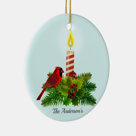 Gepersonaliseerde kardinaal en kaars op lichtblauw keramisch ornament (Rechts)