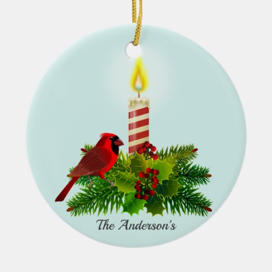 Gepersonaliseerde kardinaal en kaars op lichtblauw keramisch ornament (Voorkant)
