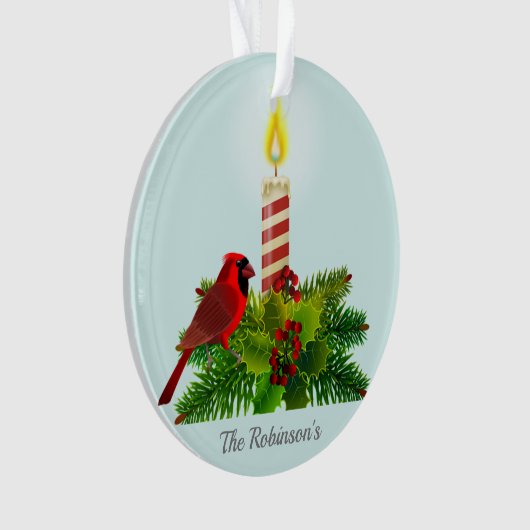Gepersonaliseerde kardinaal en kaars op lichtblauw ornament (voorkant)